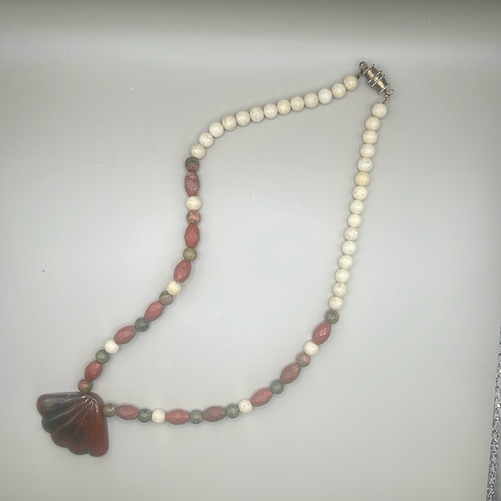 Handcrafted Red, Green, & White Beaded Necklace with Shell Pendant